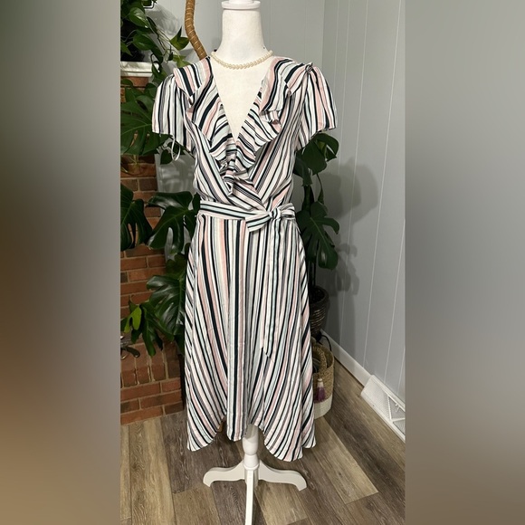 🛍️DN design multi color stripes dress with belt ties and ruffle top size 14 - Picture 7 of 11